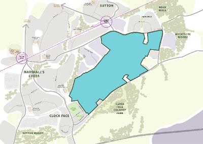 A map showing the site boundary of the proposed Bold Garden Village development