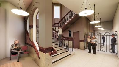 A CGI showing the revamped staircase entrance to Earlestown town hall and how it might look