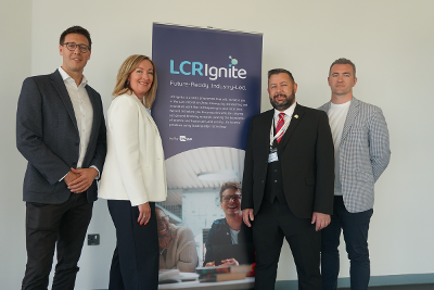 Left to right: Dr Elliot Street, CEO of Inovus Medical, Katherine Fairclough, Chief Executive, Liverpool City Region Combined Authority, Cllr Anthony Burns, Leader, St Helens Council, Jordan Van Flute, Chief Technical Officer, Inovus Medical.