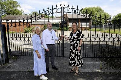 Jo Davies, Assistant Director for Education; Sean Lenahan, Headteacher at Mill Green and Councillor Nova Charlton, Cabinet Member for Children and Young People outside the former Parr Library site