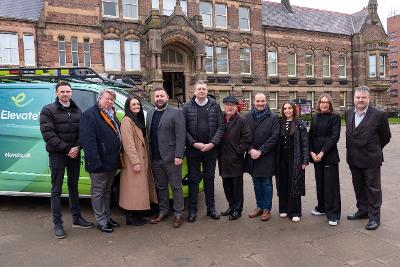 Representatives from St Helens Borough Council; Elevate and CJ Founds Associates Ltd outside St Helens Town Hall