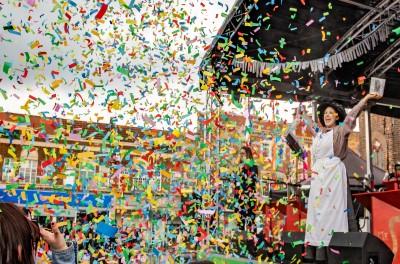 Confetti flies in the air of Church Square at a stage event
