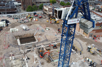 Cranes on site at St Helens town centre town centre redevelopment