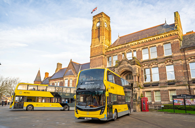 Buses parked outside of St Helens Town Hall