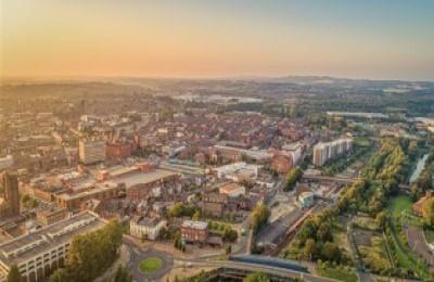St Helens town centre sunrise aerial