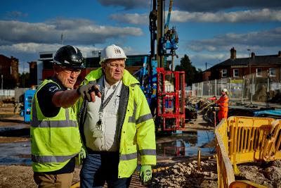 Councillor Richard McCauley visiting St Helens Town Centre regeneration site to see groundworks beginning