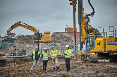 St Helens piling operation left to right Stuart Turner VINCI;  Chris Bishop ECF;  Cllr Richard McCauley SHBC ;  Martin Horton ECF  (Credit Mark Waugh)