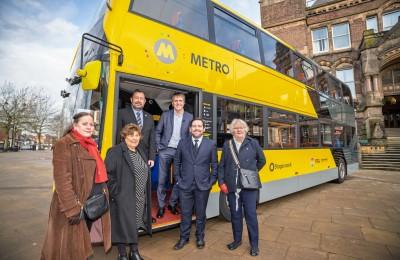 Council Leader Councillor Anthony Burns with Metro Mayor Steve Rotheram, St Helens North MP David Baines, St Helens South MP Marie Rimmer and others with the new Merseytravel bus outside St Helens Town Halls